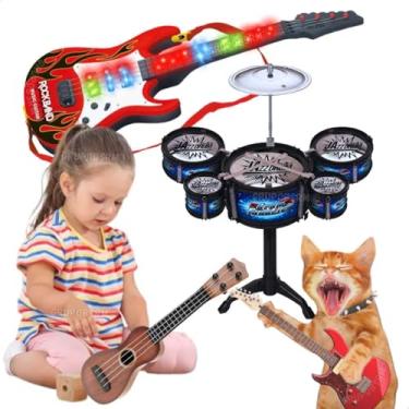 Imagem de Instrumentos Musicais Guitarra Brinquedo Luz Som Mini Bateria Violão Ukulele Infantil Educativo Pedagógico Musicoterapia Presente Natal Dia das Crianças Menino Menina (Bat. Azul / Violão Escuro)