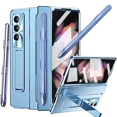 Imagem de YQODSZ Capa para Samsung Galaxy Z Fold 3 com S Pen e suporte para caneta, capa de uma peça Design Z Fold 3 com proteção de dobradiça Protetor de tela integrado com suporte Capa fina de PC para Z Fold 3 - Azul