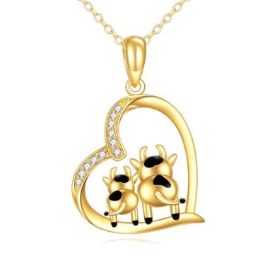 Imagem de GEHN Colar de vaca em ouro 14K com pingente de coração de vacas leiteiras para mulheres, mãe, esposa, amantes de vacas, Sem Pedra Preciosa