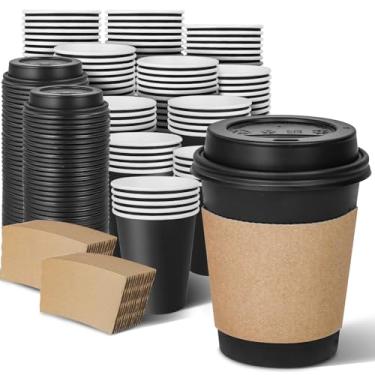 Imagem de Ginkgo Copos de café de papel descartáveis de 227 g (pacote com 100) com tampas e mangas, copos de papel preto To Go resistentes ao calor à prova de vazamento para café quente, cacau, chocolate e café