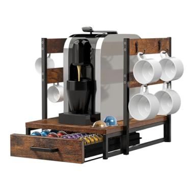 Imagem de Evermagin Suporte de cápsulas de café, suporte de cápsulas Vertuo compatível com Nespresso, 28 grandes ou 56 pequenas Nespresso Capsule Organizer Gaveta Station com suporte para copos, marrom rústico