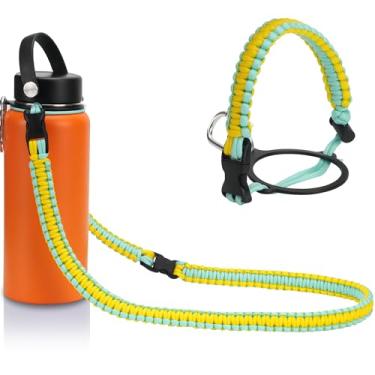 Imagem de Wongeto Alça de ombro com alça de corda paracord, compatível com garrafas de água de boca larga Hydro Flask 350 ml - 1,8 l (não para o novo Hydro Flask 2.0), alça de garrafa para caminhadas, caminhadas, acampamento (amarelo verde)