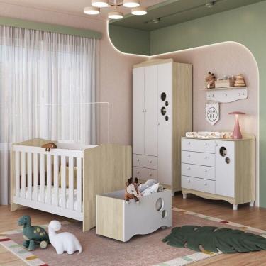 Imagem de Conjunto Quarto de Bebê com Berço, Cômoda, Guarda-roupa, Prateleira e Caixa de Brinquedos Carvalho Araguaia/Branco