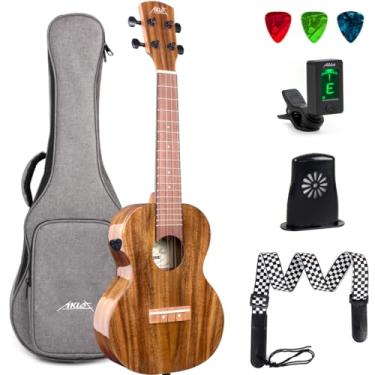 Imagem de AKLOT Ukulele elétrico de acácia totalmente sólido, ukelele de concerto de 58 cm, tom super quente para iniciantes profissionais, kit do Reino Unido com cursos online gratuitos, bolsa, alça, afinador