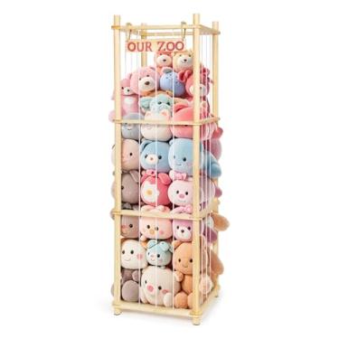 Imagem de EULXSUD Armazenamento De Animais Pelúcia Para Zoológico - Organizador Alto Brinquedos Madeira Pinho Natural Com Cordões Elásticos E Prateleira, Casa Que Economiza Espaço Berçário, Sala Jogos, Quarto
