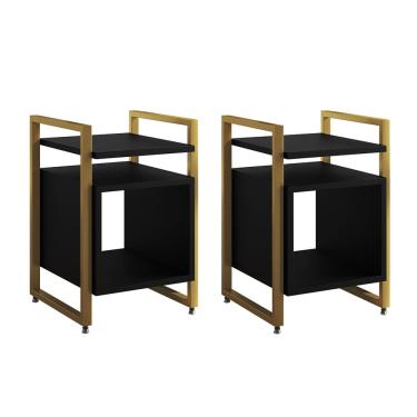 Imagem de Kit 2 Mesas de Cabeceira Industrial Marrocos Ferro Dourado e Tampo Preto