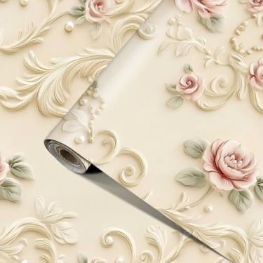 Imagem de HOMETITUTE Papel de parede rosa rosa colorido floral descascar e colar papel de contato pano de fundo verde autoadesivo removível para bancada armário decoração de parede de casa 39,9 cm x 100 cm