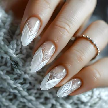 Imagem de RUOKEXIN Unhas Postiças Amêndoa, Ponta Francesa Branca, Médias, Falsas, Com Glitter Prateado, Nude, Cobertura Total, Cola, Bastão Fofo Para Mulheres, 24 Peças