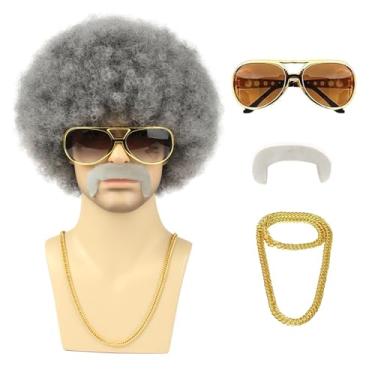 Imagem de TUOFLY Peruca Afro Cinza Masculina Com Óculos, Colar, Bigode E Boné, Anos 70 80, Fantasia De Discoteca Natural Fofa, Cabelo Sintético Cacheado, Para Festa Halloween Natal, Cosplay