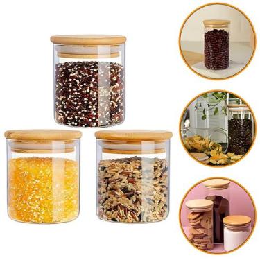 Imagem de Kit Potes Porta Mantimento Frasco De Vidro Herméticos Tampa de Bambu N
