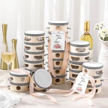 Imagem de Lukmaa Conjunto de 24 Pandeiros de 10 cm para adultos Pandeiros a granel de madeira com jingles de metal, etiquetas de presente, fita bege instrumento musical de presente de percussão para festa de
