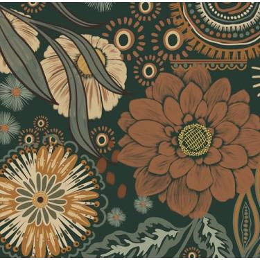 Imagem de Yasinet Papel de parede de papel de parede boho floral escuro papel de parede verde vintage autoadesivo removível para quarto de banho/quarto/prateleiras/armário vinly 43 cm × 395 cm