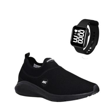 Imagem de Tênis Ortopédico Unissex Tipo Meia Ascension + Relógio Digital Quadrado| Calce Fácil, Leve, Confortável – Ideal para Caminhada, Academia e Uso Diário (All Black, BR, Adulto, Numérico, 43)