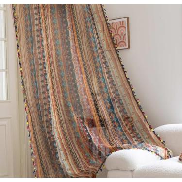 Imagem de Erbnaryx Cortinas transparentes geométricas vermelhas de 160 cm de comprimento, bordas com franjas e cortinas semitransparentes texturizadas, tratamentos de janela grande para sala de estar/quarto, 2