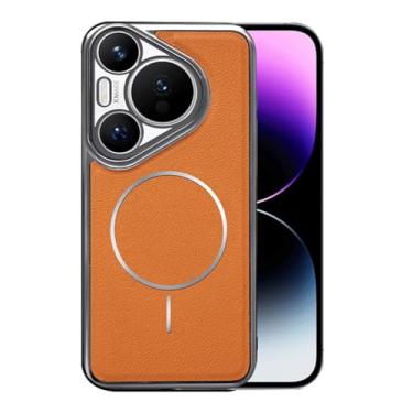 Imagem de FWYANZH Capa magnética para Huawei Pura 70 Ultra/70 Pro +/70 Pro/70, capa de couro galvanizado com carregamento sem fio fina à prova de choque, marrom, 70 Pro +