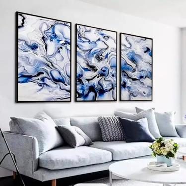 Imagem de Kit com 3 Quadros Decorativos 70x50 cm Abstrato Marmorizado com Moldura Caixa Preta, na posição Vertical ideal para ambiente de Sala, Quarto e Hall.