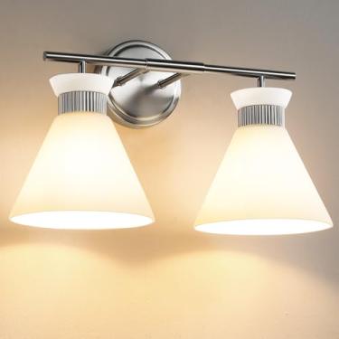 Imagem de WOSHITU Luminárias Para Banheiro - Iluminação De Níquel Escovado Sobre Espelho, 2 Luzes Com Cúpula Moderna Vidro Fosco Branco Leitoso, Parede Meados Do Século, 17,3 Pol. (Exceto Lâmpada E26)