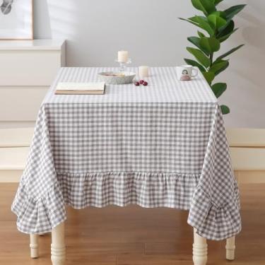 Imagem de K MASANIJI Toalha de mesa 100% algodão cinza xadrez xadrez com babados para mesa retangular, toalha de mesa decorativa vintage xadrez de fazenda clássica (xadrez cinza/branco, 178 x 132 cm)