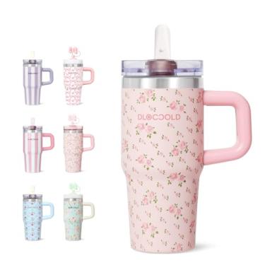 Imagem de DLOCCOLD Copo de aço inoxidável de 473 ml com tampa e canudo, copo de viagem isolado a vácuo de parede dupla com tampa de palha, compatível com porta-copos, resistente a vazamentos, caneca de café