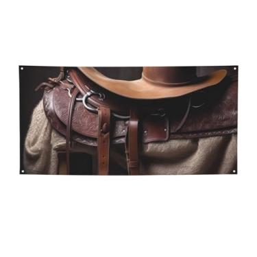 Imagem de Selim de cavalo com um chapéu de caubói sinal de banner selvagem para ambiente externo interno aniversário pano de fundo de decoração de festa suprimentos foto fundo com ilhós bandeira de parede