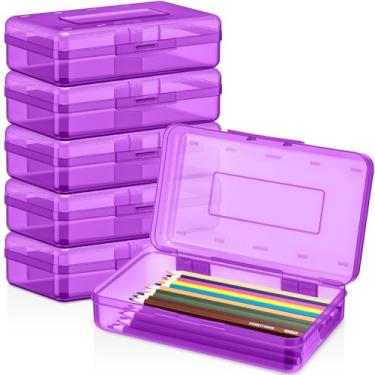 Imagem de Blulu Pacote com 6 caixas de lápis de plástico a granel, estojo transparente para canetas, armazenamento de giz de cera rígido com tampa fecho de pressão, organizador de marcadores de pintura de