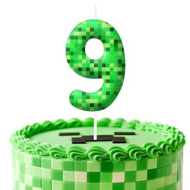 Imagem de Velas de aniversário verdes número 9, topo de bolo com tema de pixel para decoração de bolo para meninos e meninas, decorações de aniversário, suprimentos de festa, velas com números para decoração de