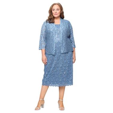 Imagem de S.L. Fashions Vestido feminino de renda com lantejoulas comprimento chá mãe da noiva com jaqueta manga ilusão (tamanho grande), Oceano, 52