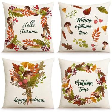 Imagem de kiddook Pacote com 4 capas de travesseiro de outono 45,7 x 45,7 cm, decoração de abóbora de Ação de Graças, fronhas de linho, colheita de outono, decoração de casa para sofá, cama, varanda (sem