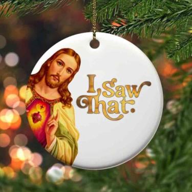 Imagem de Enfeites de Natal engraçados de Jesus – "I Saw That" Sagrado Coração Cerâmica Decoração de Natal – Ornamento de árvore de humor religioso – Presente de mordaça cristã para crentes, amigos, família (HC