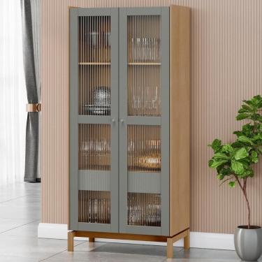 Imagem de Cristaleira Portas Vidro 80cm Com Gaveta Soleil Oak/cinza F07 - Mpozenato