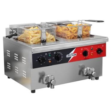Imagem de CROSSON Fritadeira elétrica de bancada de tanque duplo de 16L com válvula de drenagem, tanque de óleo de formação de estiramento e cesta de malha de arame sólido para uso em restaurante 120 V, 3600 W