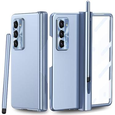 Imagem de INGIDO Capa para Samsung Galaxy Z Fold 5 com suporte para caneta S e S Pen, proteção criativa de duas dobradiças e protetor de tela frontal luxuosa para Galaxy Z Fold 5, azul