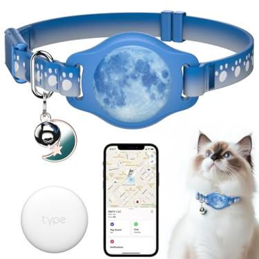 Imagem de Coleira rastreadora de gatos de 20 a 30 cm à prova d'água com etiqueta localizadora, compatível com Apple Find My, Breakaway Tractive com padrão refletivo e sino (Miau estrelado)