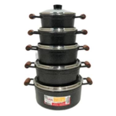 Imagem de Jogo de Panelas Fundidas Cava 5 Peças Tampas de Vidro, Preto craquelad