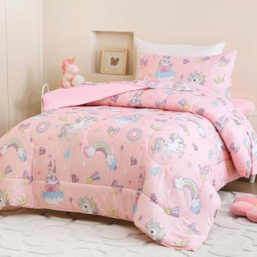 Imagem de Homilay Conjunto de edredom infantil para crianças, meninos, meninas, 4 peças, colcha macia para todas as estações, unicórnio rosa