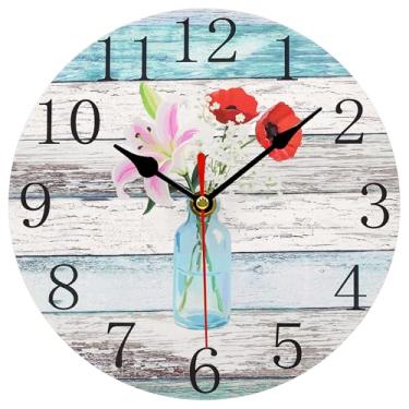 Imagem de Toudorp Relógio de parede rústico retrô praia floral azul madeira relógios redondos operado por bateria silencioso, sem tique-taque, flores em garrafa de vidro, relógio decorativo para cozinha