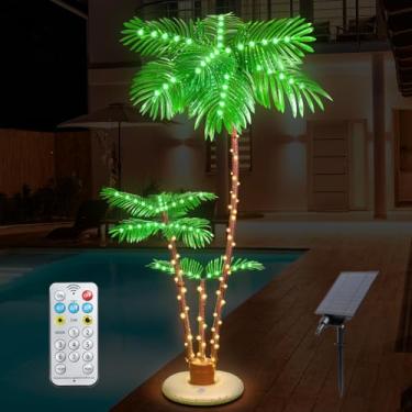 Imagem de PINPON Troncos triplos de palmeira iluminada solar de 1,8 m, controle remoto de 8 modos e temporizador, árvore artificial IP65 à prova d'água com iluminação LED para pátio, piscina, bar Tiki
