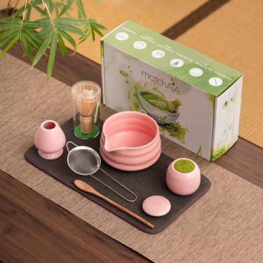 Imagem de Conjunto Matcha MatchAia, tigela de cerâmica de 6 peças com bico rosa