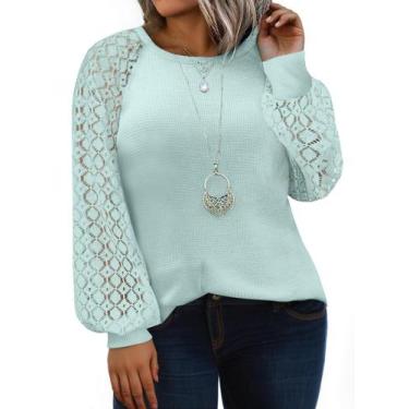 Imagem de Camisa feminina Eytino, tamanho grande, gola redonda, renda, manga com