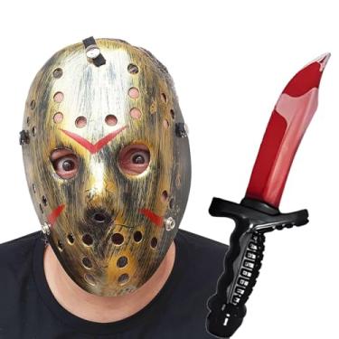 Imagem de Máscara Jason Sexta Feira 13 + Faca com Sangue Falso Líquido: Kit Acessório Fantasia Festa Halloween