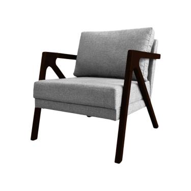 Imagem de Poltrona Mona Monique Luxo Base Madeira Maciça Castanho Linho Cinza