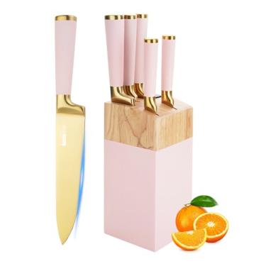 Imagem de Conjunto de facas douradas, conjunto de 7 peças de blocos de facas revestidas de titânio com bloco de madeira rosa, conjuntos de facas de chef de aço inoxidável ultra afiadas para afiador embutido de
