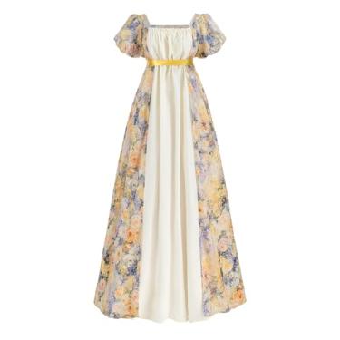 Imagem de LSYYSKB Vestido feminino regency vitoriano, vintage, vestido de baile, com cadarço, longo, branco, com luvas de casamento, Floral amarelo, GG