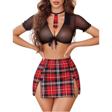 Imagem de Avidlove Conjunto de lingerie para mulheres, roupas de colegial, fantasia de malha transparente e minissaia com tanga, Preto, P