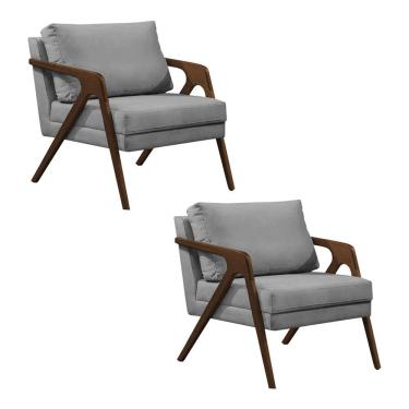 Imagem de Kit 2 Poltronas Mona Monique Luxo Base Madeira Maciça Natural Veludo Cinza  