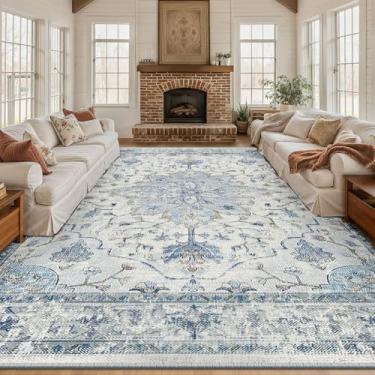 Imagem de RELEANY Tapetes de área 25 x 30 cm, lavável, antiderrapante, estampa floral, vintage, tapete medalhão para sala de estar, quarto, sala de jantar, azul claro, azul-marinho, bege, cinza, branco