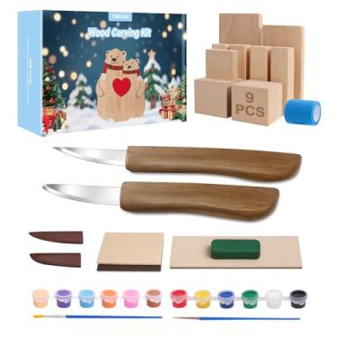 Imagem de TEKCHIC Kit de facas para talhar em madeira – Ferramentas de entalhe em madeira com blocos de tília para marcenaria, presente para iniciantes, adultos e crianças