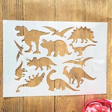 Imagem de TIAMECH Estêncil reutilizável de dinossauros pré-históricos A4 para pintura - modelo de camadas de dinossauros jurássicos, arte de parede DIY, móveis de madeira, álbum de recortes e artesanato (21 x