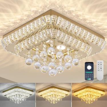 Imagem de Suporte embutido de cristal de 45,72 cm com controle remoto dourado, 3 cores de temperatura e brilho ajustáveis, lustres modernos de gota de chuva de cristal para quarto, corredor, sala de jantar e