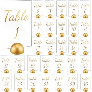 Imagem de AceOrbit Pacote com 30 números de mesa de casamento de acrílico dourado 1 a 30 com suportes 10 x 15 cm placas de mesa de acrílico com suporte de cartão redondo dourado tabela de assentos de casamento